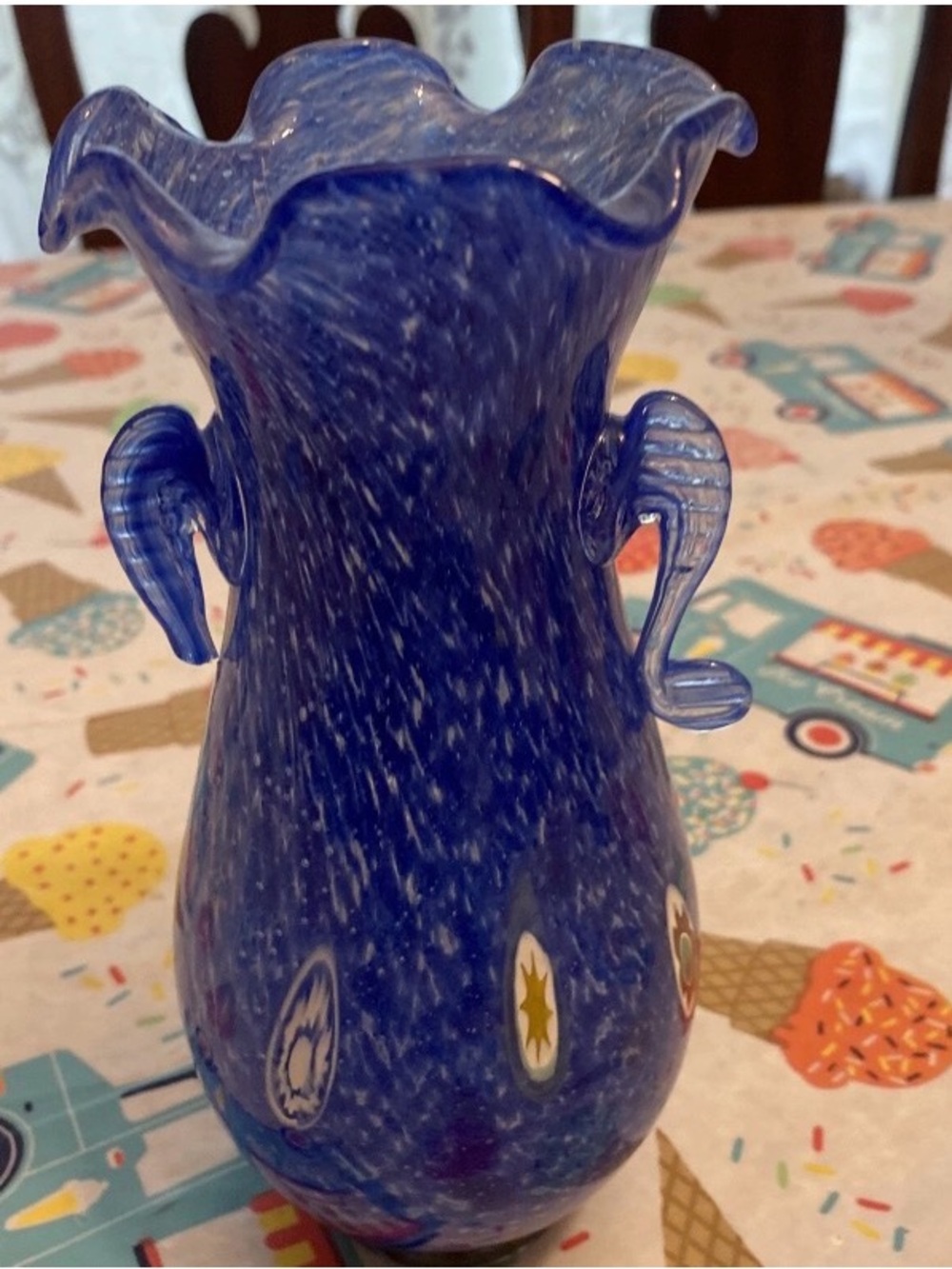 Vintage Blue Murano Millefiori Glass Vase-1 Broken Handle